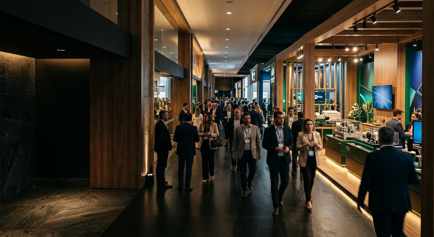 Corredor premium de feira corporativa com expositores e atmosfera executiva.